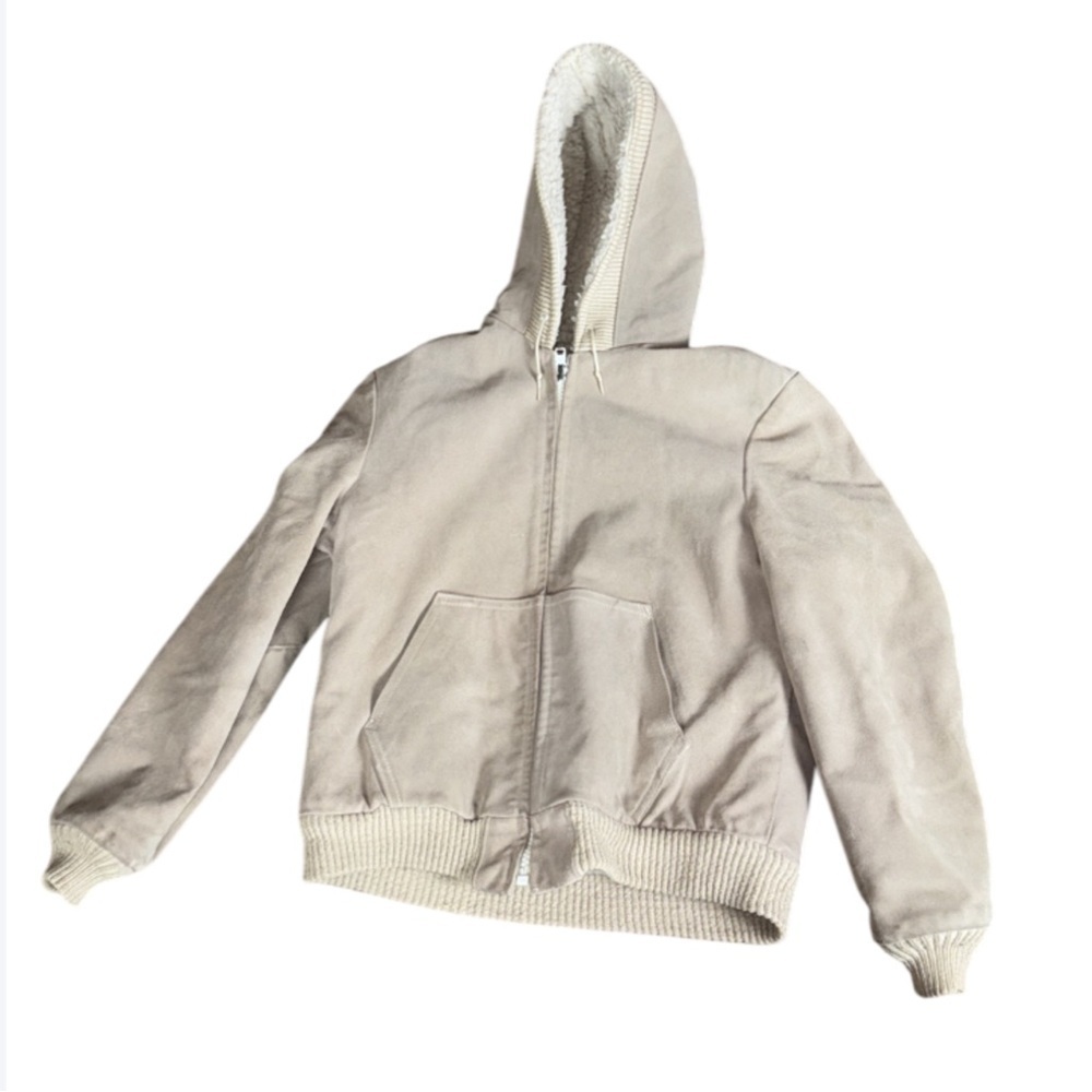 Vintage William Barry tan suede hoodie jacket with Sherpa lining Size 42 Long